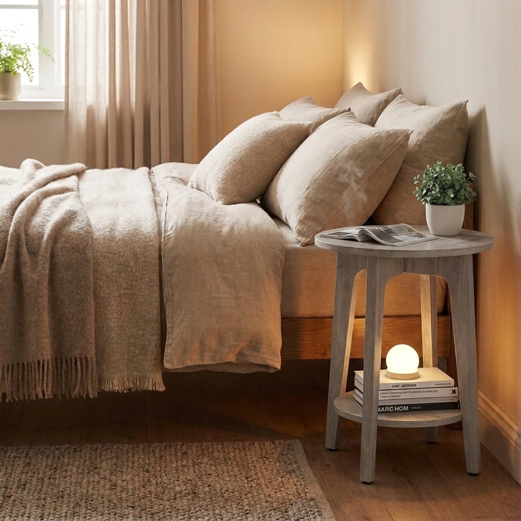 Ledrem Modern Round Accent Table with Storage, Greige Particleboard Side Table