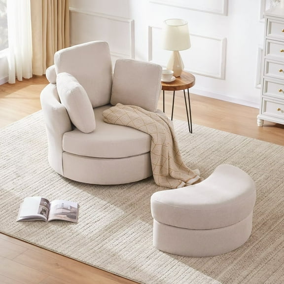 Weture 39-Inch Swivel Accent Barrel Chairs with Removable Headrest and Ottoman, Beige (Set of 2)