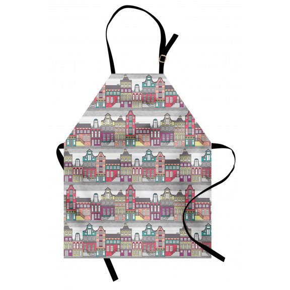 Dutch Apron Traditional Colorful Amsterdam Houses Sketch Style Architecture Themed Illustration, Unisex Kitchen Bib Apron with Adjustable Neck for Cooking Baking Gardening, Multicolor, by Ambesonne