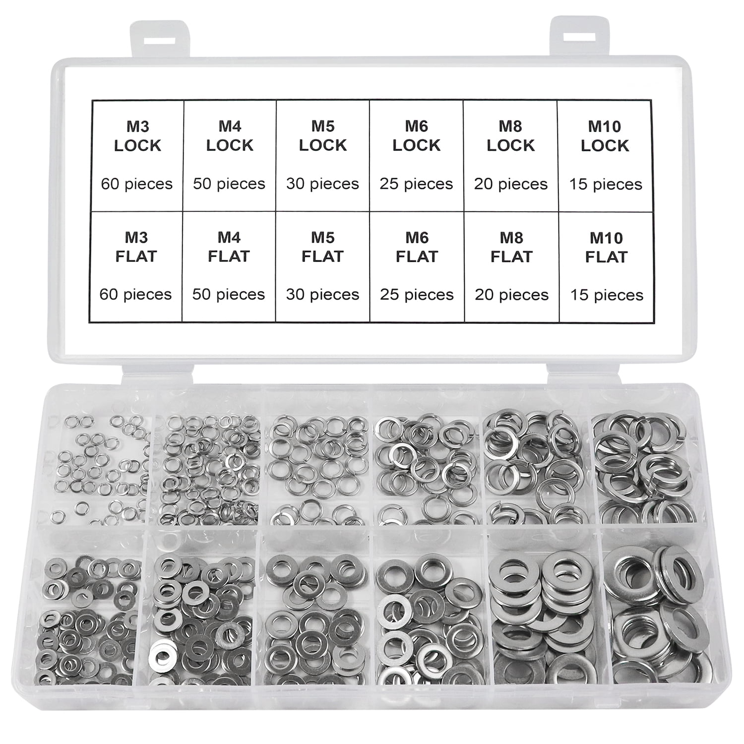 Yosawa 480-Pcs Professional Stainless Steel Flat Washers and Spring Lock Washers Assortment Kit for M2 3 4 5 6 8 Screws Bolt