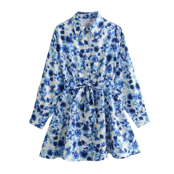WXLWZYWL Boho Dresses for Women Belted Waist V Neck Long Sleeve Floral Printed A Line Dress Casual Party Beach Vacation