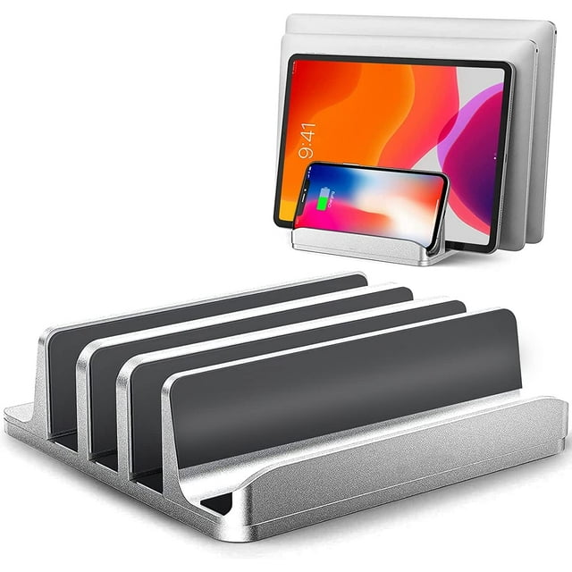 REJODA-Vertical Laptop Stand,Upgraded Adjustable 4 Slots Laptop Stands, Desktop Aluminum Laptop Holder with Adjustable Dock Size, Tabletop Stand Holder for Most Laptops,MacBooks,PC,Tablets, Phones -