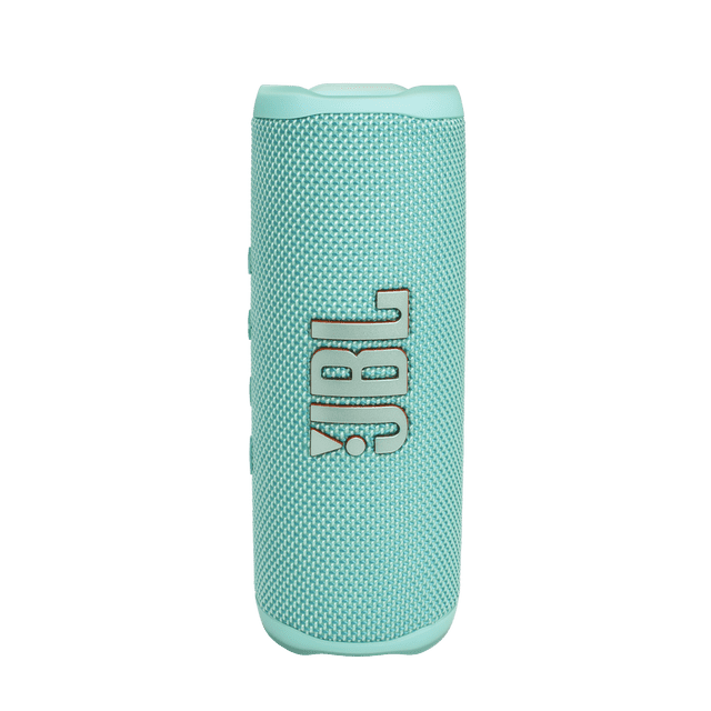 bocina portátil jbl flip 6 a prueba de agua Turquesa, vista frontal vertical que muestra la rejilla de malla texturizada y el logo JBL en relieve sobre la carcasa cilíndrica con extremos redondeados y botones laterales. Fondo neutro. Diseño portátil adecuado para exteriores y piscina; hasta 12 horas de reproducción y compatibilidad con PartyBoost.