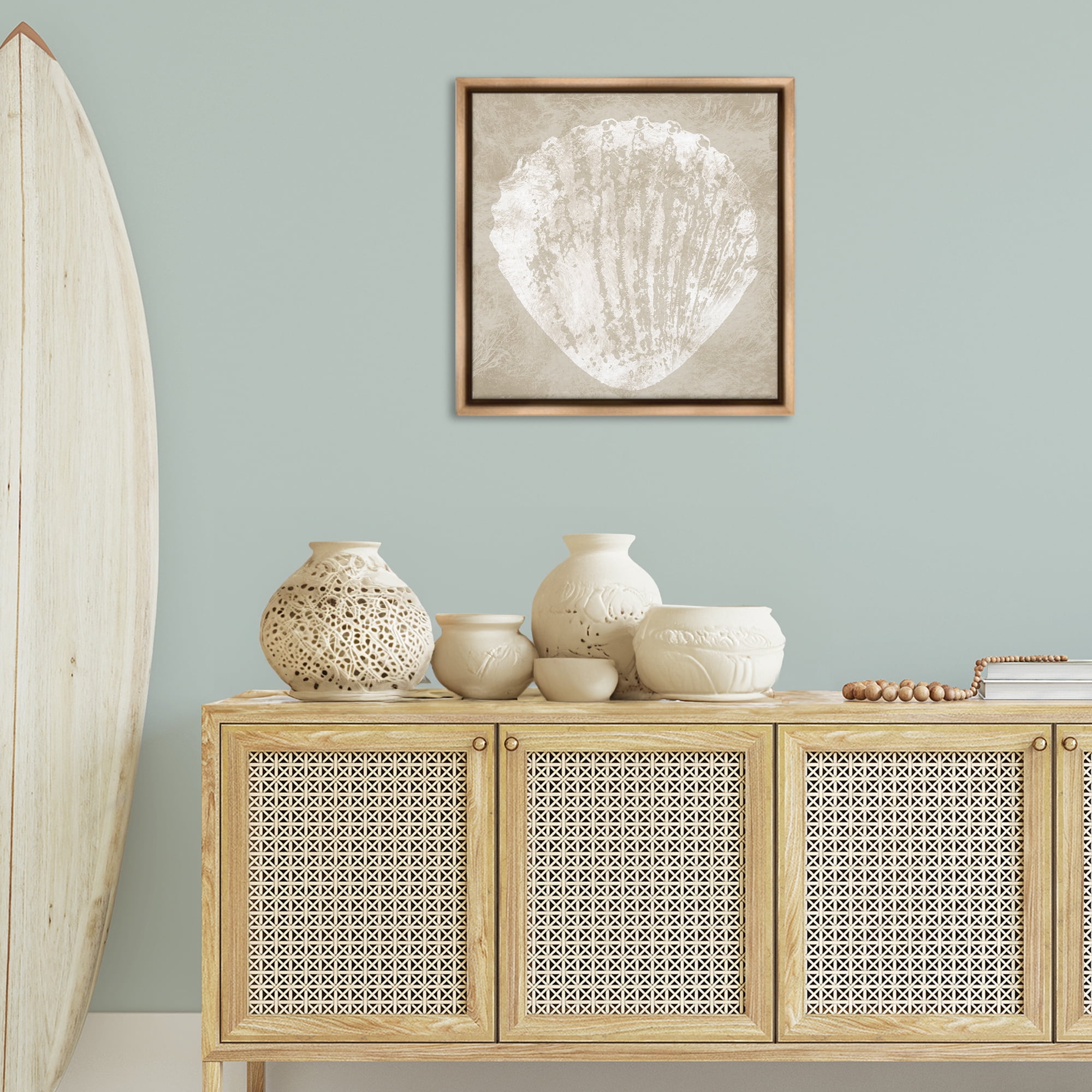 Stupell Industries Rustic Distressed Seashell Nautical & Beach Painting Brown Floater Framed Canvas Art Print Wall Art, 25 x 25