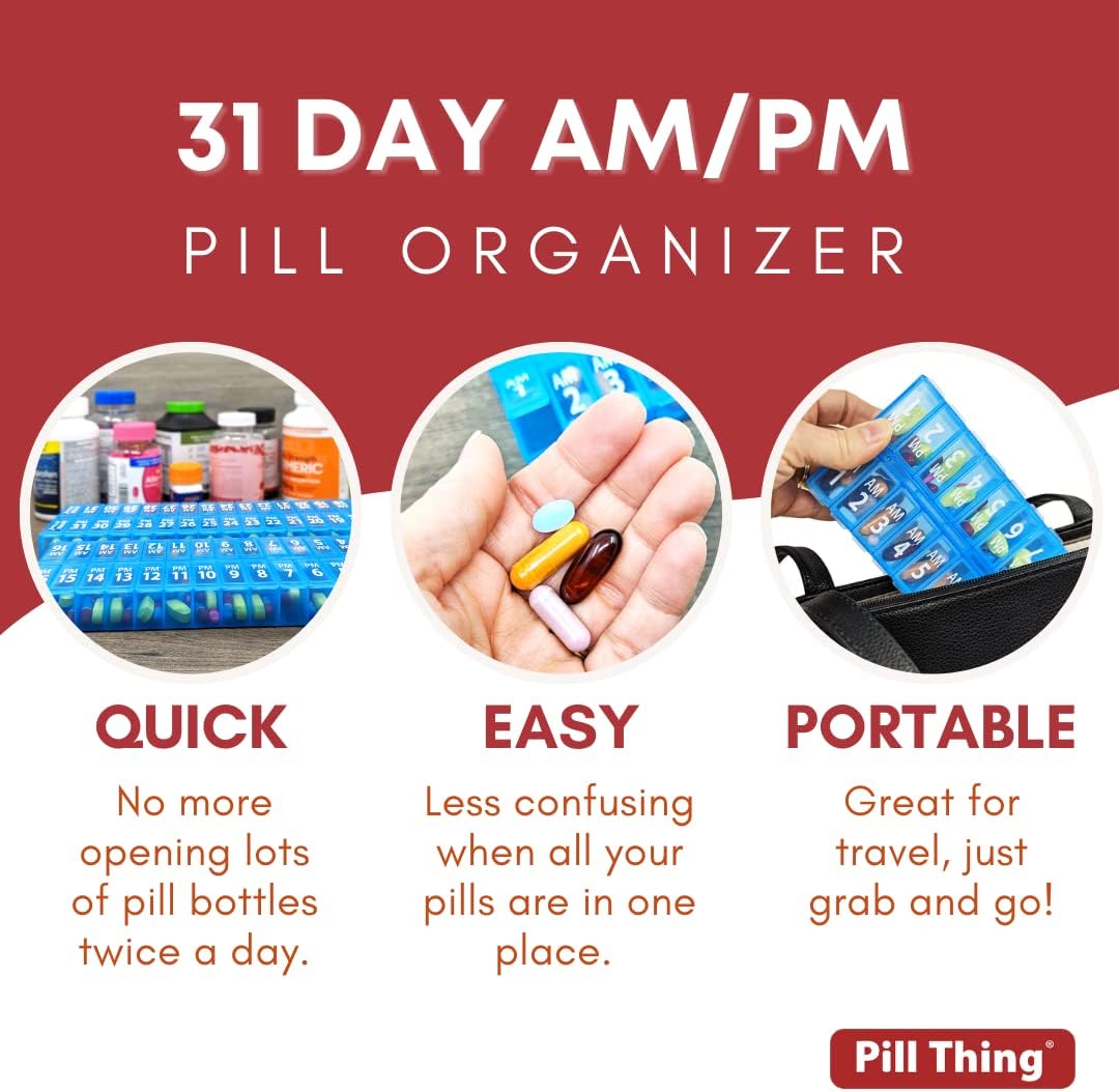 Pill Thing Twice-a-Day Monthly Medication Organizer with Compartments - 31 Day AM/PM (Blue)