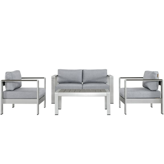 Modern Contemporary Urban Design Outdoor Patio Balcony Four PCS Sectional Sofa Set, Grey Gray, Aluminum