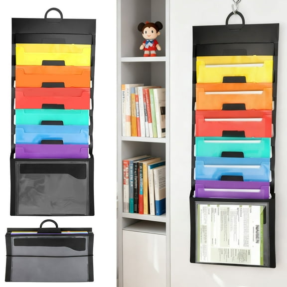 Wall File Organizer, EEEkit 7 Pocket Hanging File Folders, File Holder Organizer for Papers and Folders, Office and Home Use, Black with Assorted Fashion Color Folders