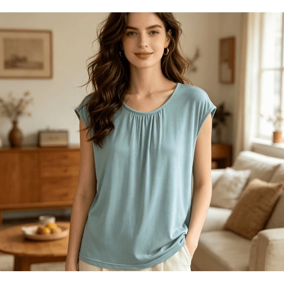APEXFWDT Women's Modal Pajama Top Sleeveless Sleeveless Crew Neck Cami Casual Loose Breathable Sleep Tank Top,Light Blue