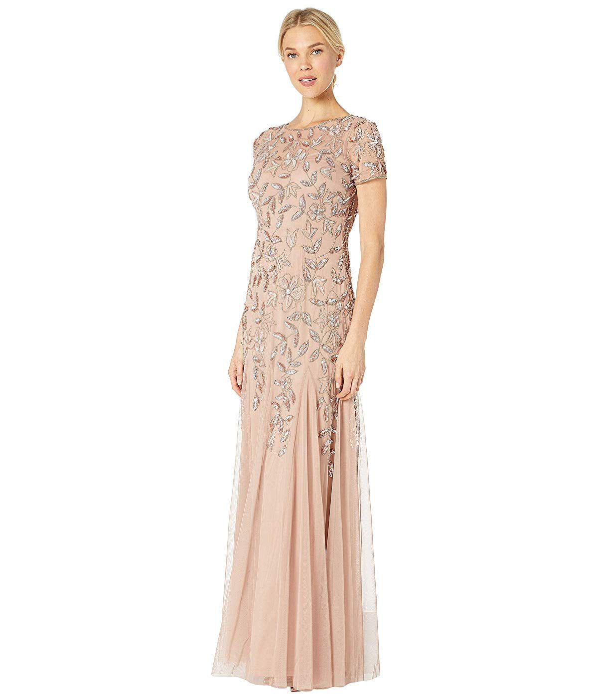 Adrianna Papell - Adrianna Papell Floral Beaded Godet Evening Gown Rose ...