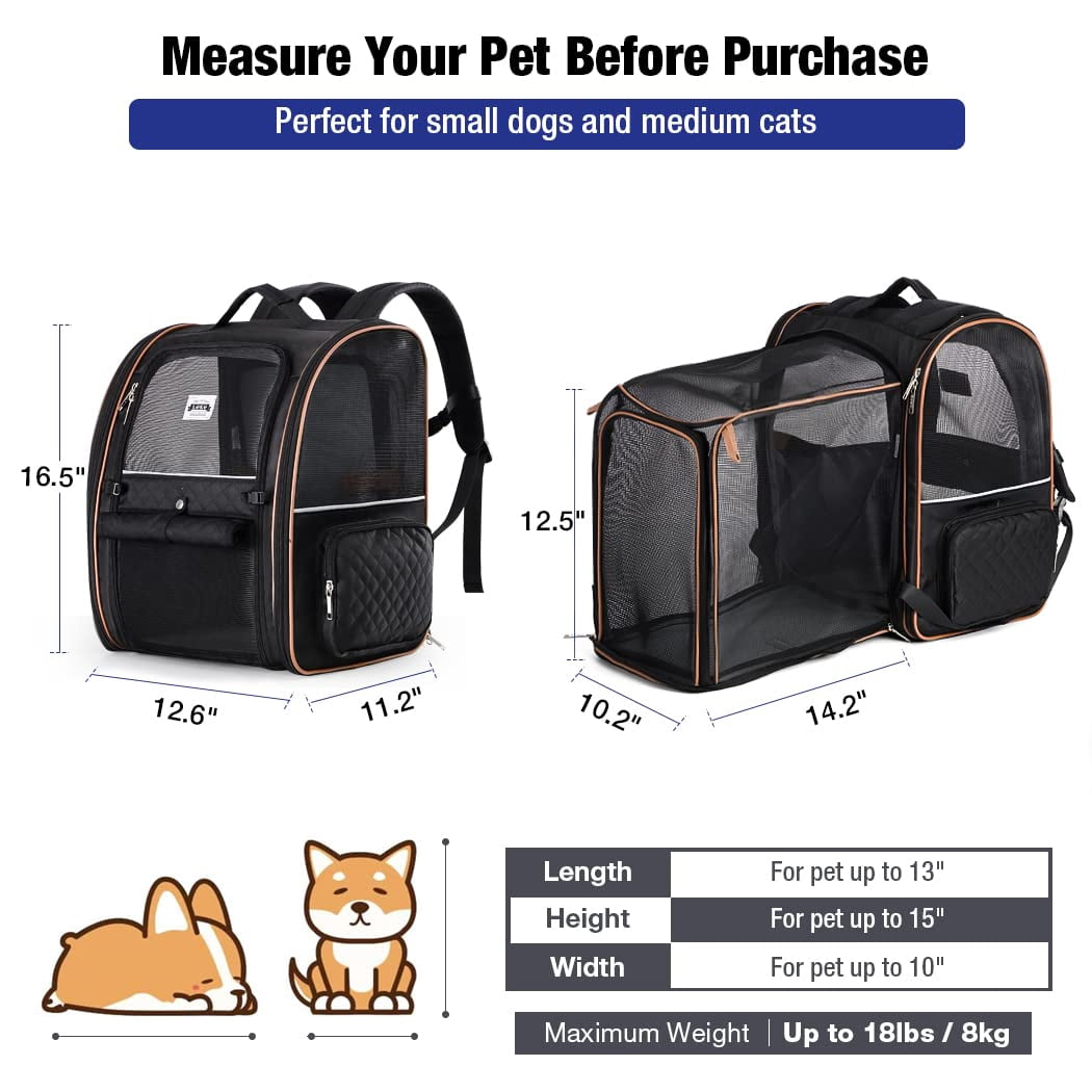 Large Expandable Cat Backpack Carrier, Breathable Pet Travel Backpack for Small Dogs & Medium Cats, Lightweight Foldable Puppy Carrier Bag, Comfortable Pet Backpack Fit Up to 18 Lbs,Black