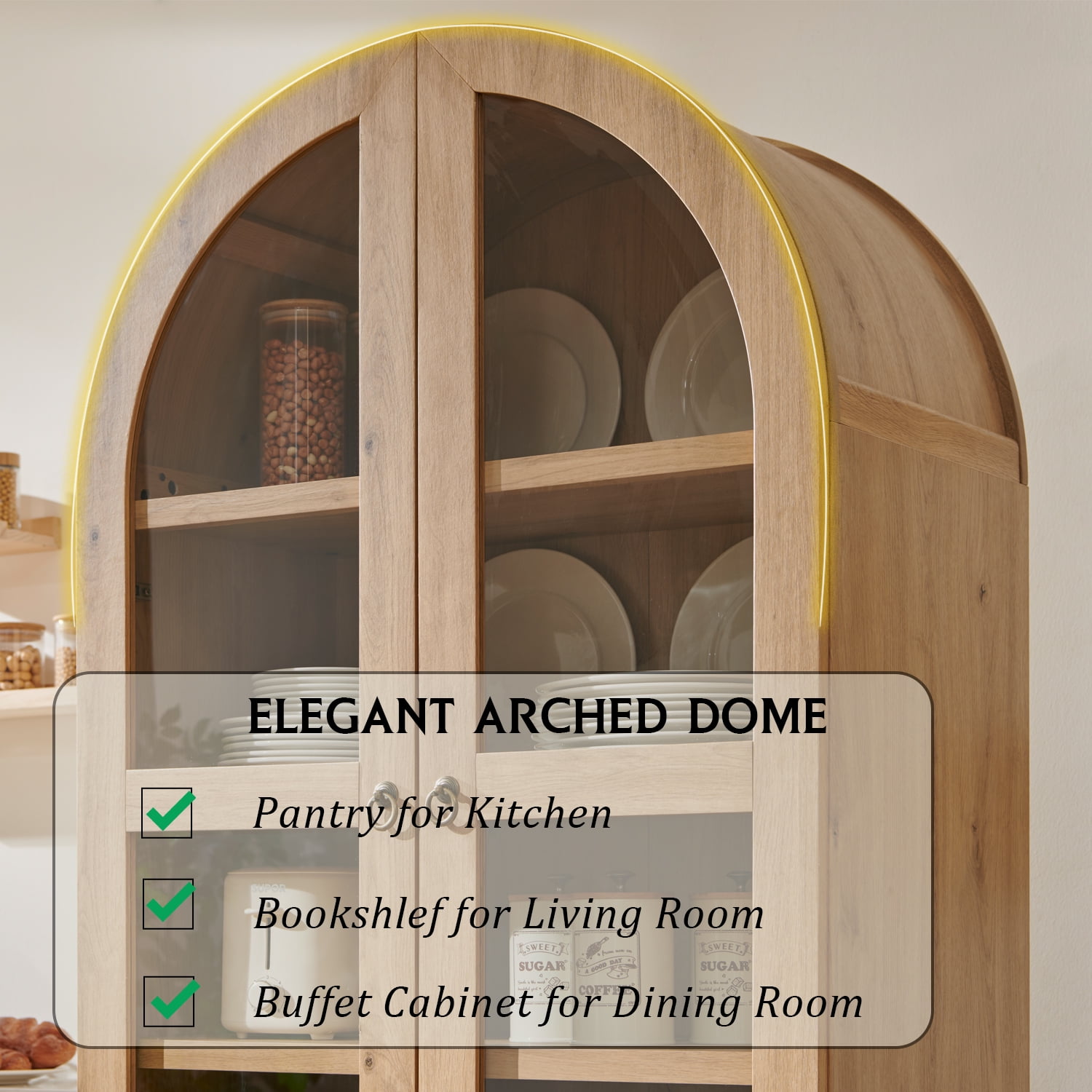 SinCiDo Arched Kitchen Pantry Storage Cabinet, 71" Tall Wood Pantry Shelves with 2 Doors & 2 Large Drawers for Dining Room Living Room