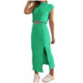 thumbnail image 2 of ICHUANYI Clearance Women's Sleeveless Half High Neck High Waist Split Wrapped Hip Dress Two Piece Set(Green, XL) ICHUANYI WER2023081500990, 2 of 6