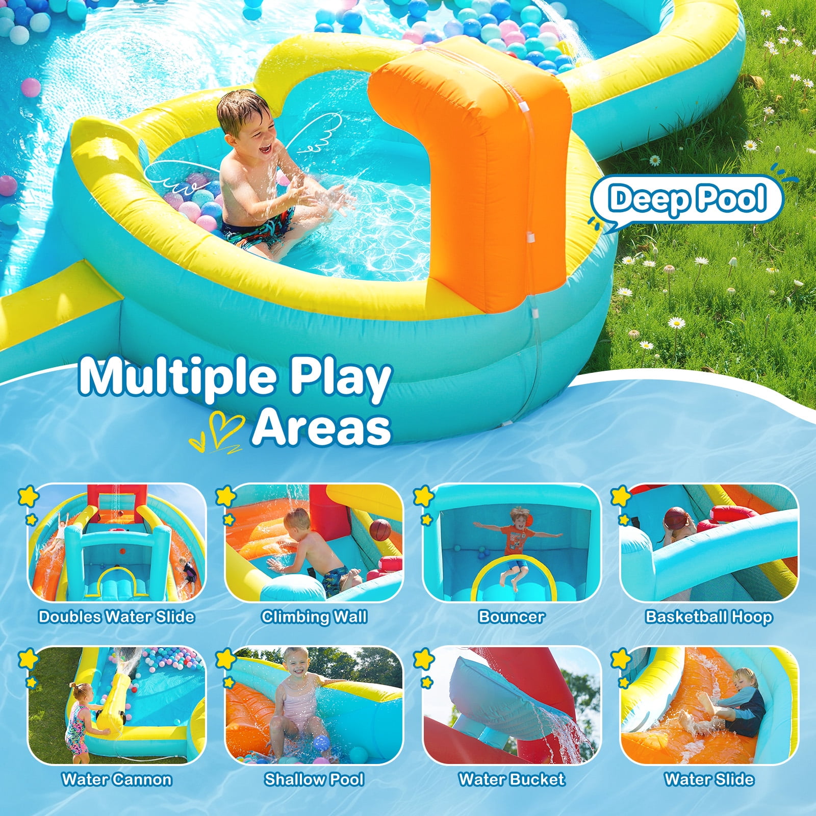Patbrela 9 in 1 Large Inflatable Water Slide Bounce House ,211" x 104" x 143",With 750w Blower,2 Water Slides, 2 Water Blasters,Double Blow up Splash,Deep Pool,Basketball Hoop,Water Canon