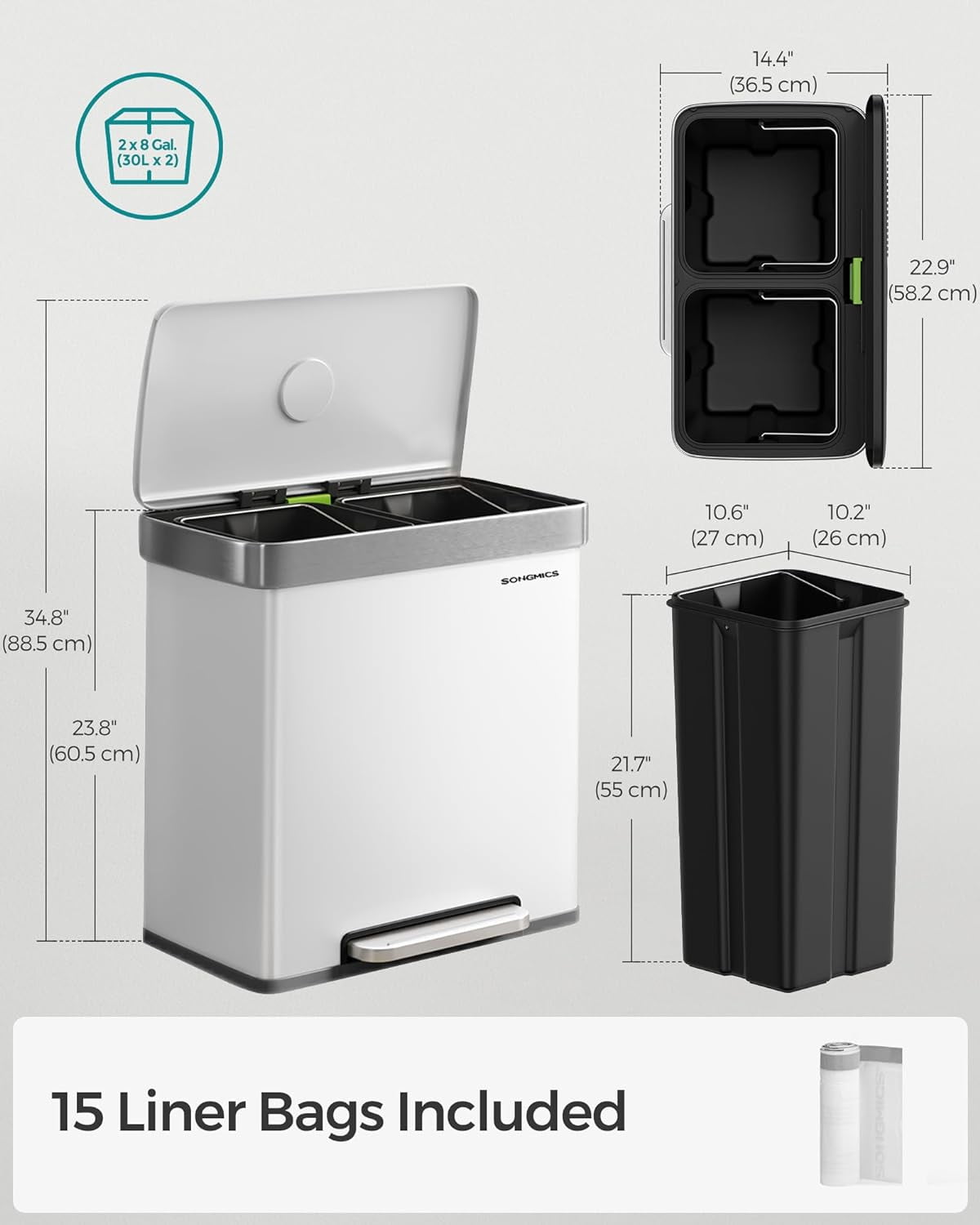 16 Gallon (2 x 8 Gallon) Dual Compartment Garbage Can Trash Can 60L Pedal Recycling Bin 15 Trash Bags Included White