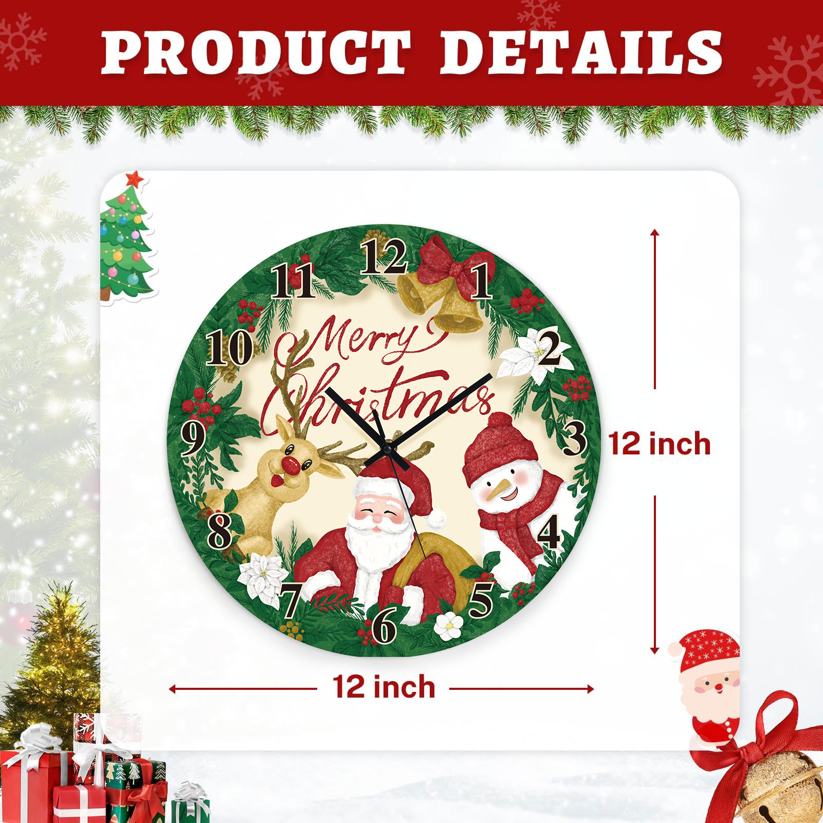Sanmadrola Christmas Decoration Wall Clock Home Indoor Decor Silent Non Ticking Wooden 12'' Santa
