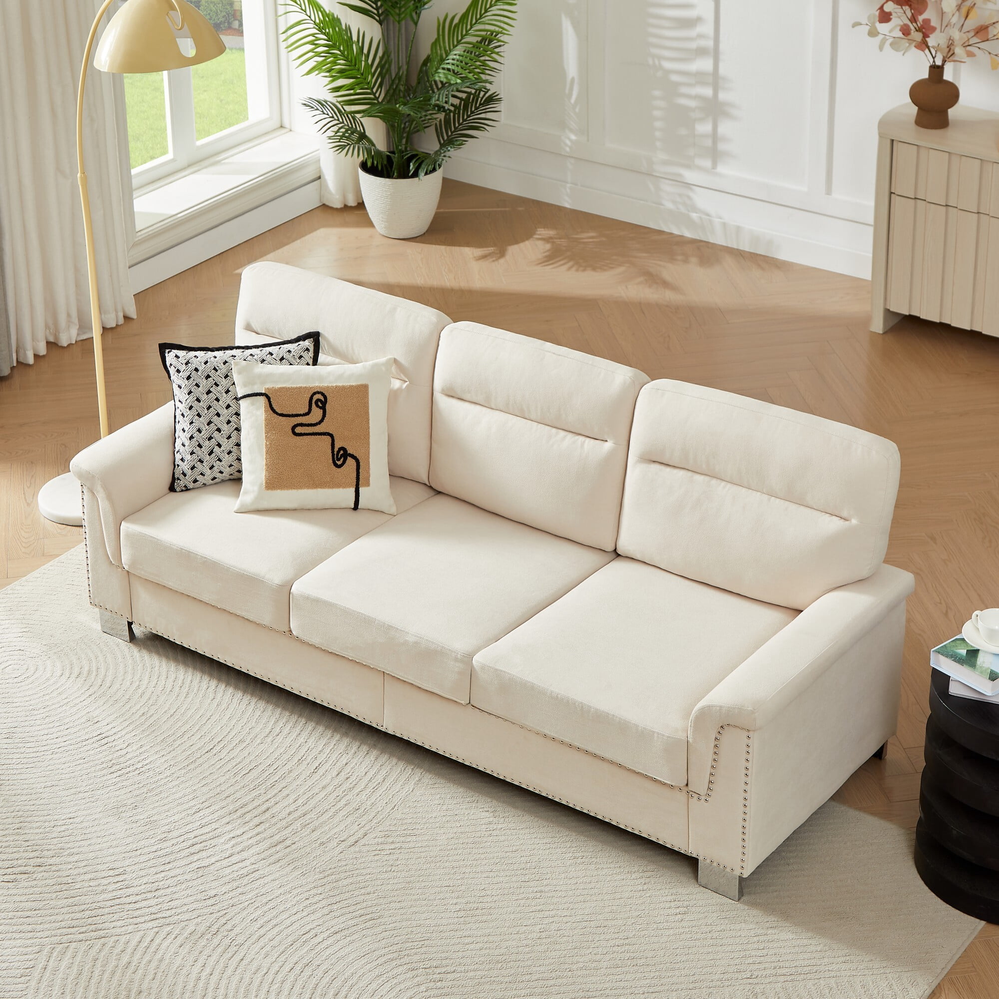 DEALTOPS 82" Modern Ice & Snow Velvet 3-Seater Sofa — Living Room Couch with Rolled Arms & Nailheads, Beige