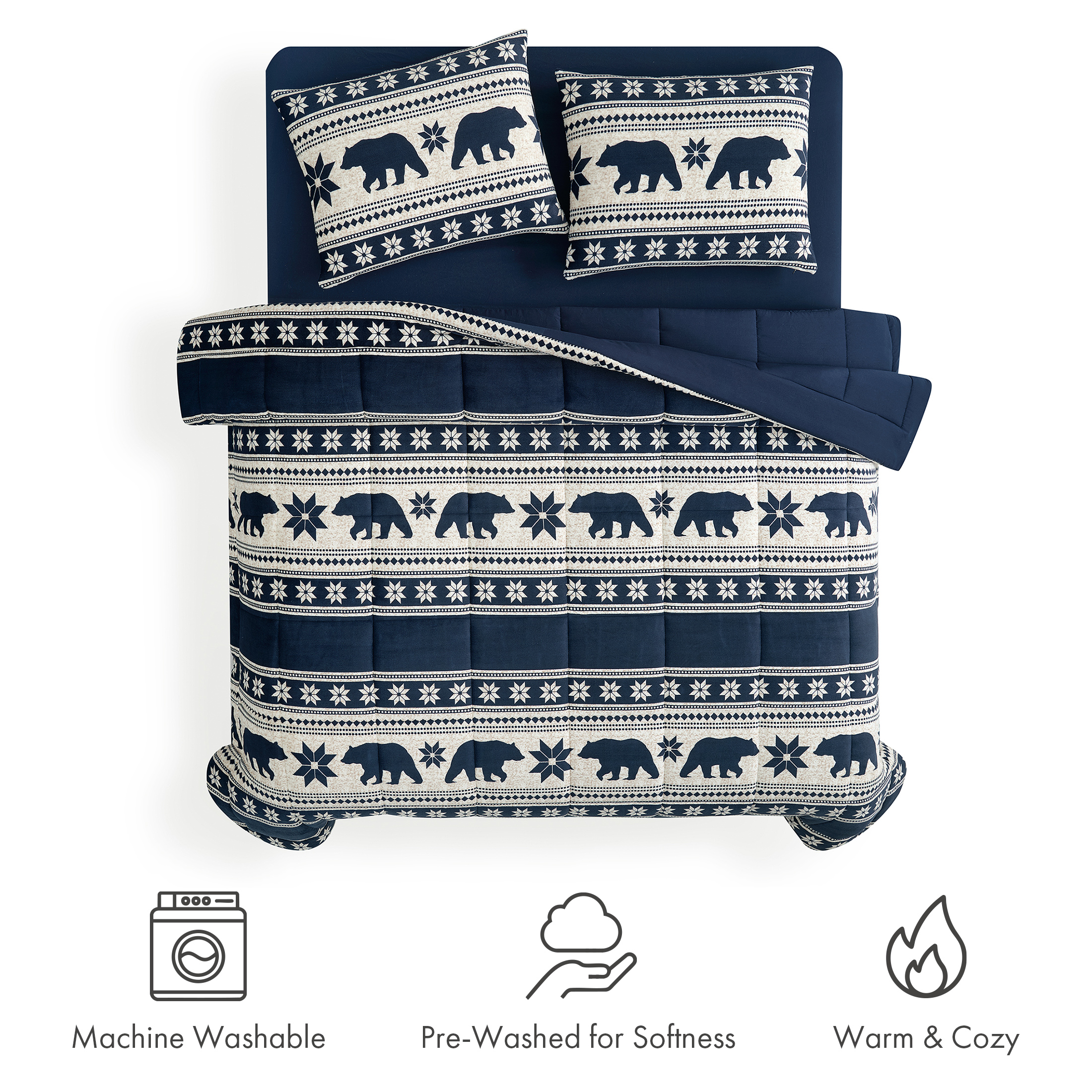 Pawz 3-Piece Fleece Comforter Set with Pillow Shams, Soft and Warm, Navy Blue Bears, King