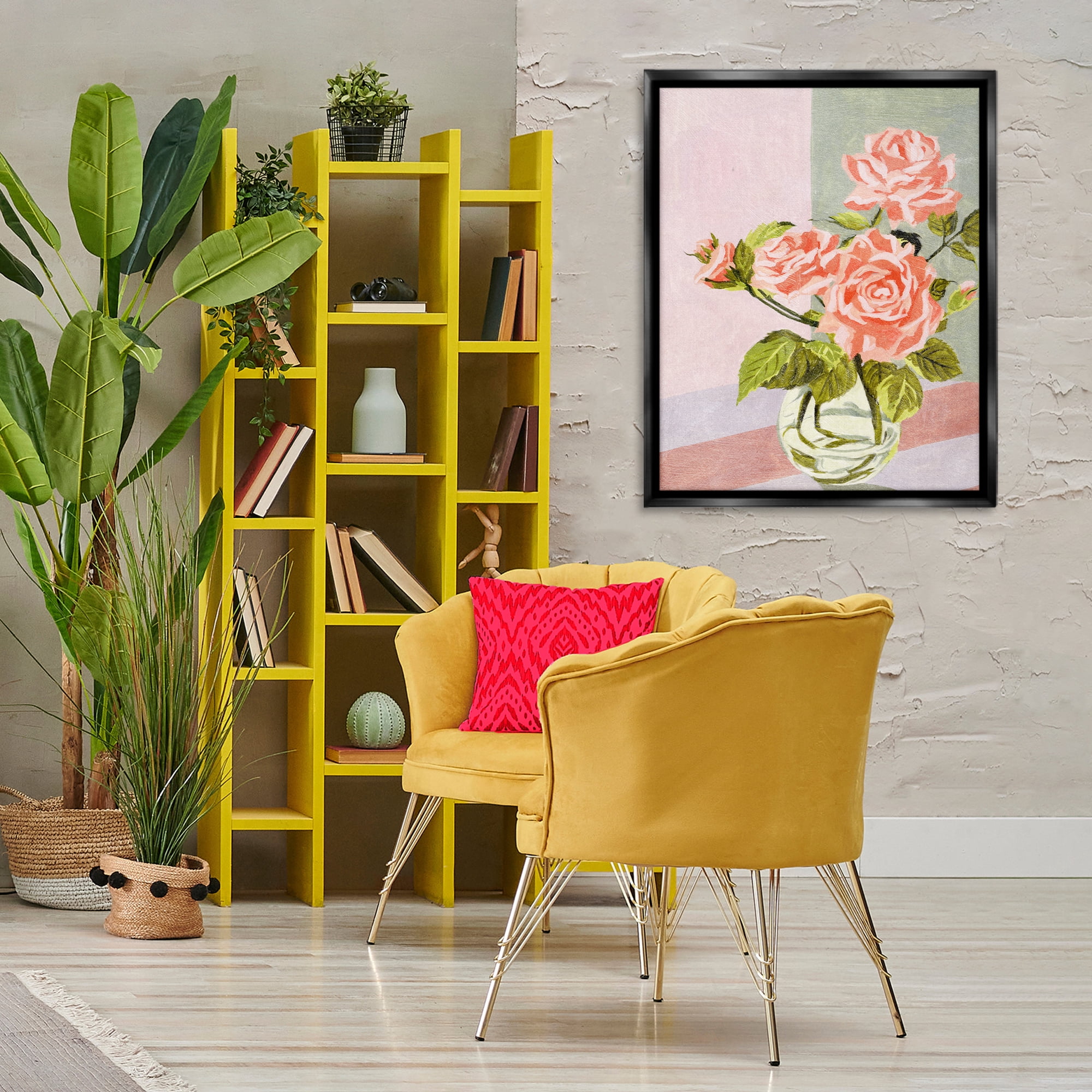 Stupell Industries Pink Roses on Pastels Plants & Flowers Painting Black Floater Framed Canvas Art Print Wall Art, 25 x 31