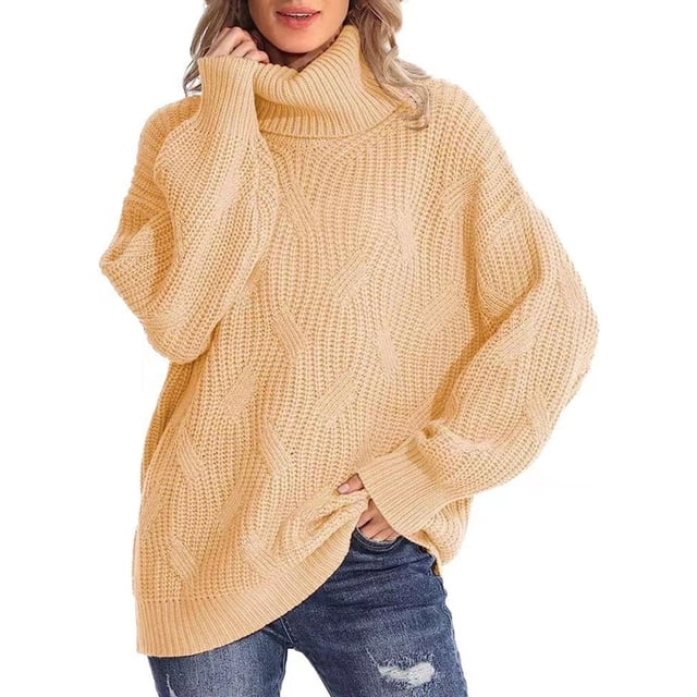 ManxiVoo Chandail Décontracté à Col Roulé Tricoté pour Femmes Manches Longues pour Automne Hiver 2026 Mode m Taille Beige