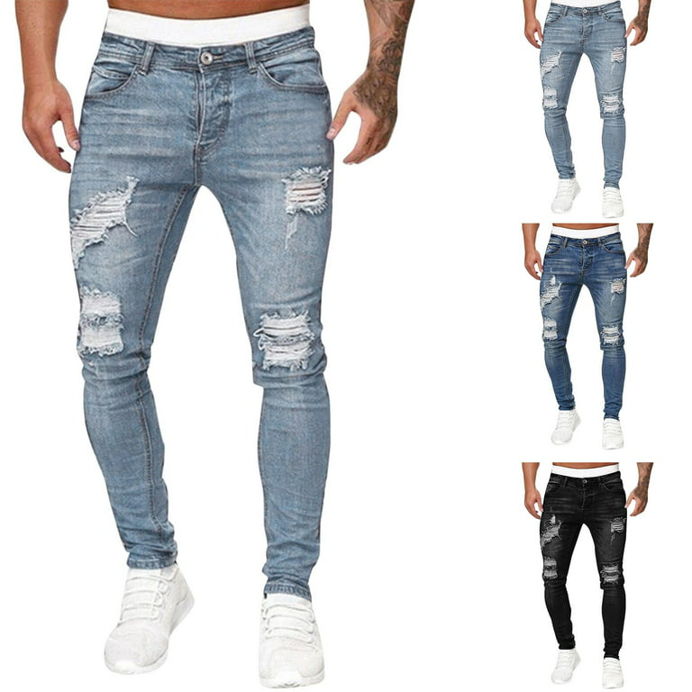 KaLI_store Jeans for Men Men\'s Slim Fit Stretch Jeans Ripped Skinny Jeans  for Men, Distressed Straight Leg Fashion Comfort Flex Waist Pants Light  Blue,3XL