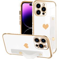Designed for iPhone 14 Pro Case White Love Hearts Design for Women Girl Men, Luxury Plating with Strap Stand Full Camera Lens Protection Bumper for iPhone 14 Pro 6.1"