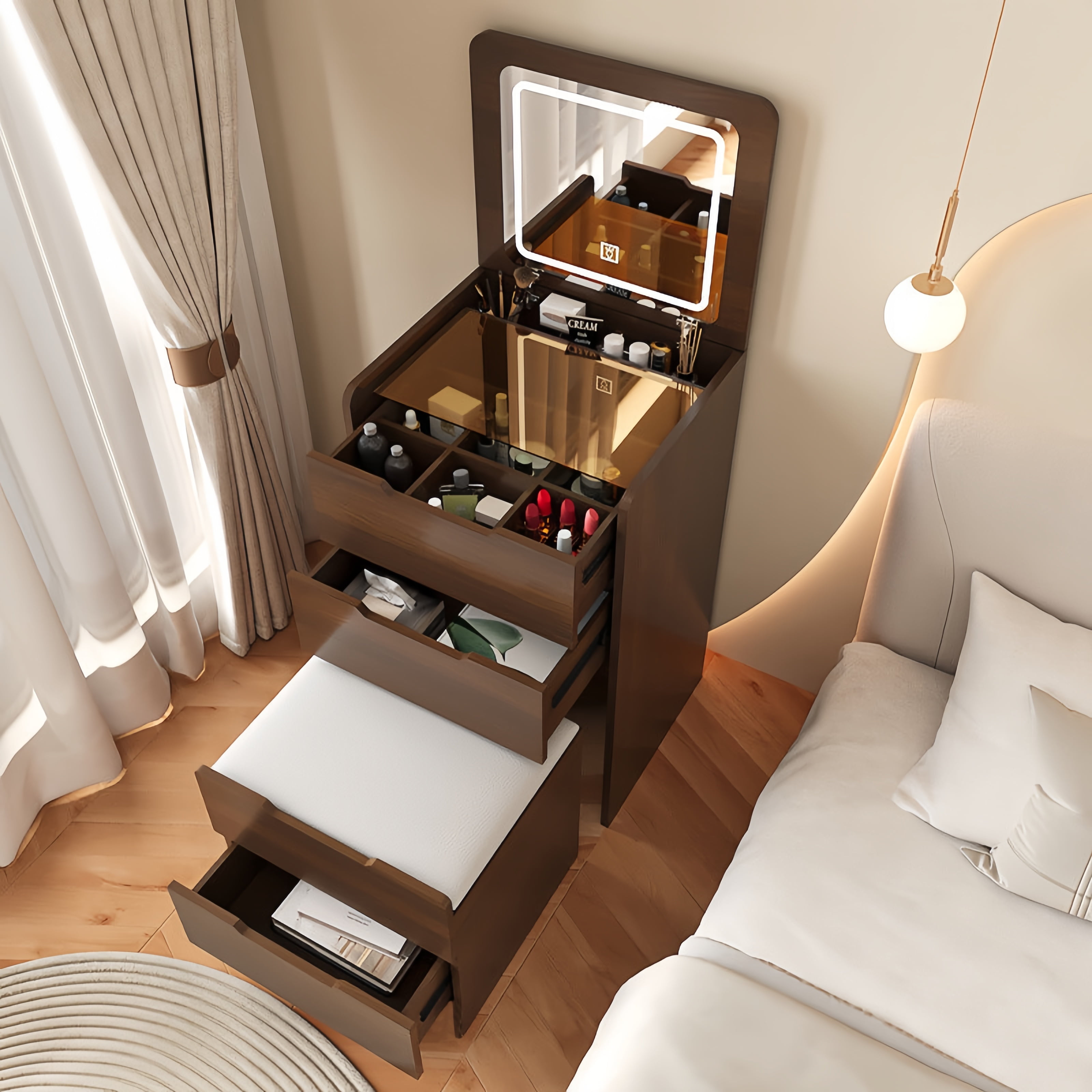 3 in 1 Vanity Desk, Flip Top Lighted Mirror Makeup Vanity with Visible Glass Desktop, 3 Drawers & Cushioned Stool, Compact Dressing Table for Bedroom