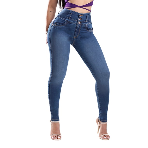 Pantalón Skinny Stretch Mujer Jeans Azul Tiro Alto