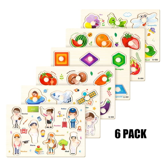 Armscye 6 Pack Wooden Peg Puzzles for Toddlers, 9 x 6 inch Preschool Educational Learning Puzzle Toys for Kids Age 3  - Vegetables, Fruits, Shapes, Insects, Occupations, Space(Vegetables, etc.)
