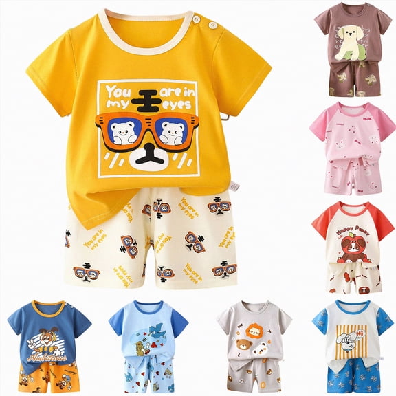 YDFCWXW Boys' Short Sleeve T-Shirt and Short Outfit Set Size 6 Months-6 Years Toddler Boys' Cartoon Print Cotton Summer Outfits Sets (Brown, 5-6 Years)