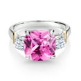 thumbnail image 2 of Gem Stone King 925 Silver and 10K Yellow Gold Pink Created Sapphire 3 Stone Ring for Women (5.30 Cttw, Gemstone September Birthstone, Cushion 10MM, Round 4MM, Size 5), 2 of 3