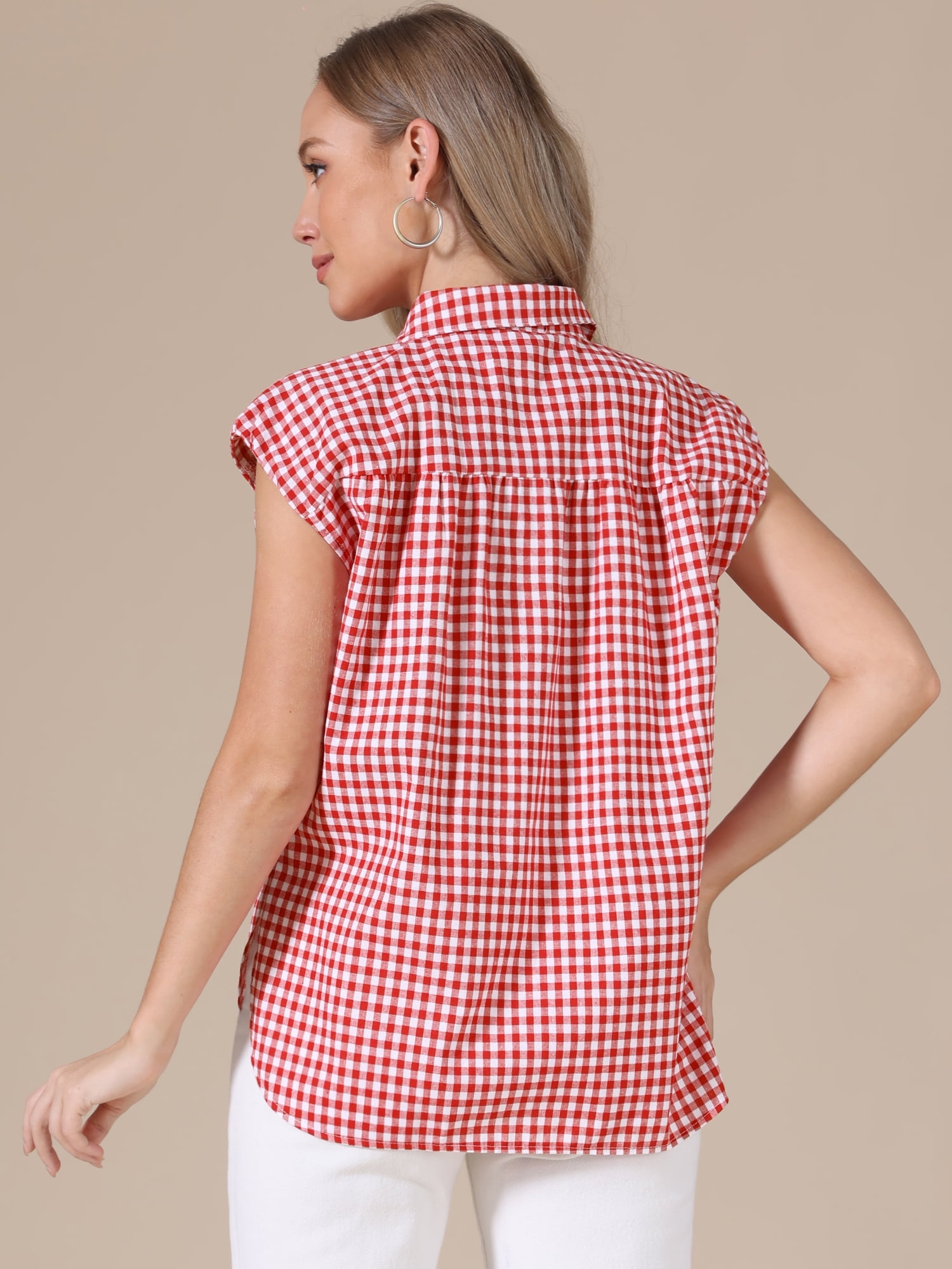 DARING DIVA Women's Gingham Top Work Cap Sleeve Vintage Plaid Button Down Shirts M Red