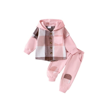 Taoocy Toddler Baby Boy Girl Fall Winter Outfits Plaid Long Sleeve Button-up Hoodie Jacket + Pant Set