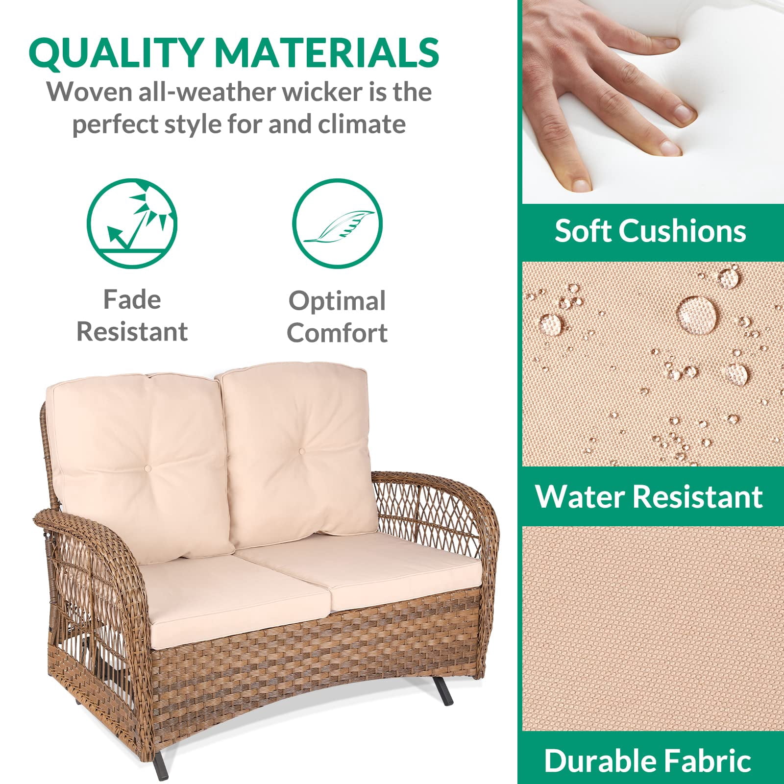 VIVIJASON 5-Piece Outdoor Patio Wicker Conversation Sets, All Weather Outdoor Rattan Furniture Set Includes Glider Loveseat, 2 Coffee Table, 2 Rocking Chairs with Cushions for Backyard, Light Brown