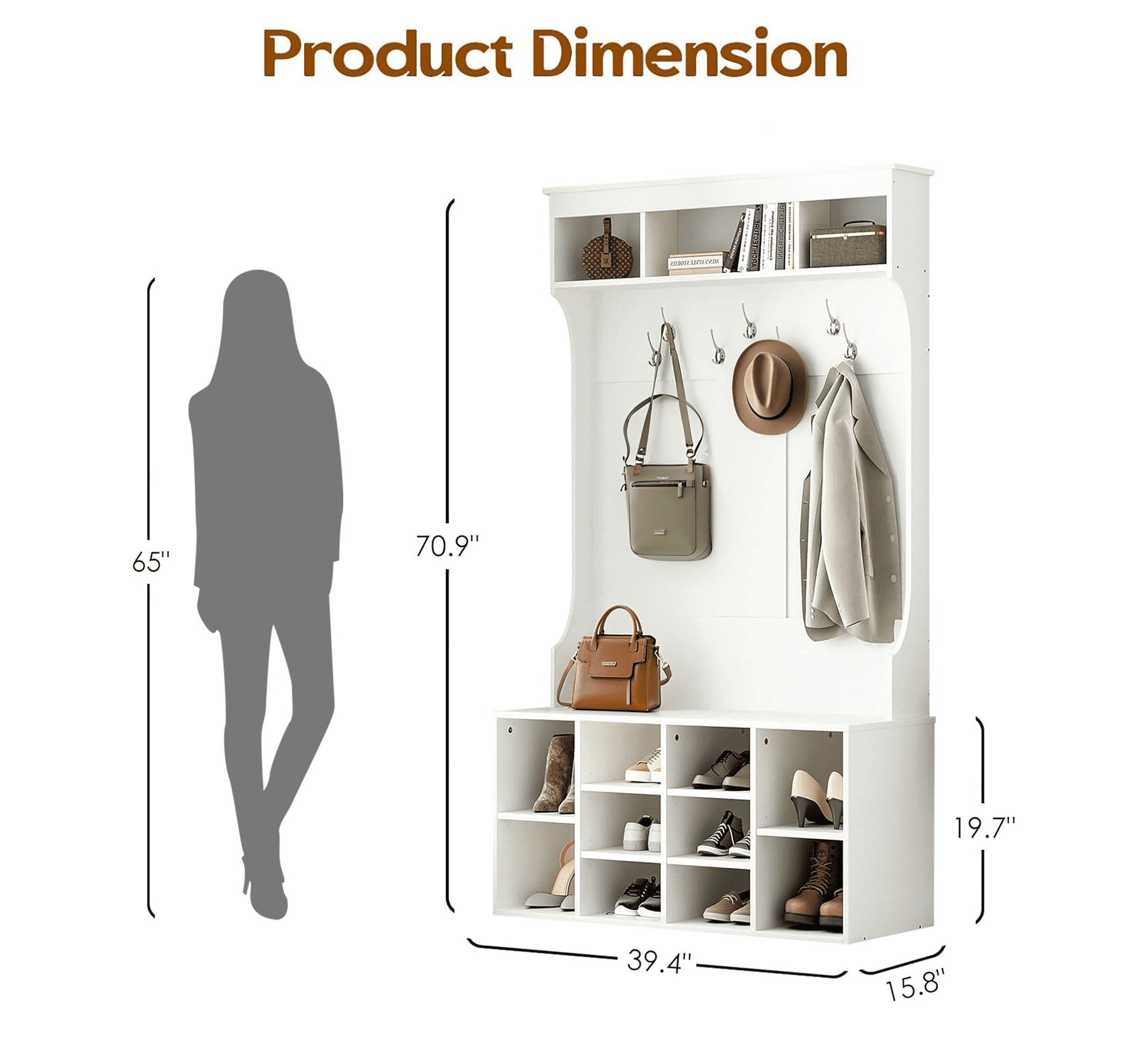MAYEERTY White 71" Hall Tree with Shoe Storage, 7 Hooks , Freestanding, Adjustable Bench for Mudroom