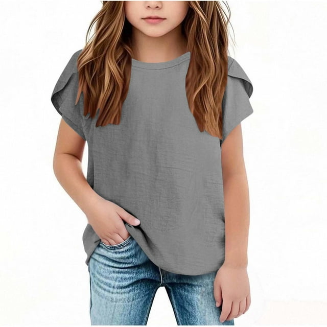 BLVB T-Shirts d'Été en Coton et Lin pour Filles Col Ras du Cou Manches Courtes Pétale Mignons Décontractés Hauts Amples Tee Blouse