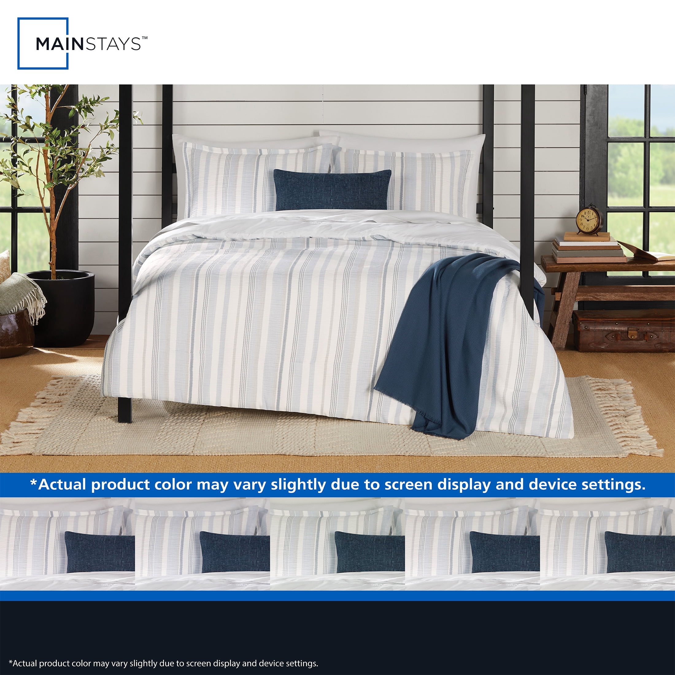 Mainstays Yarn Dyed Stripe 4-Piece Blue Comforter Set, Twin/Twin XL