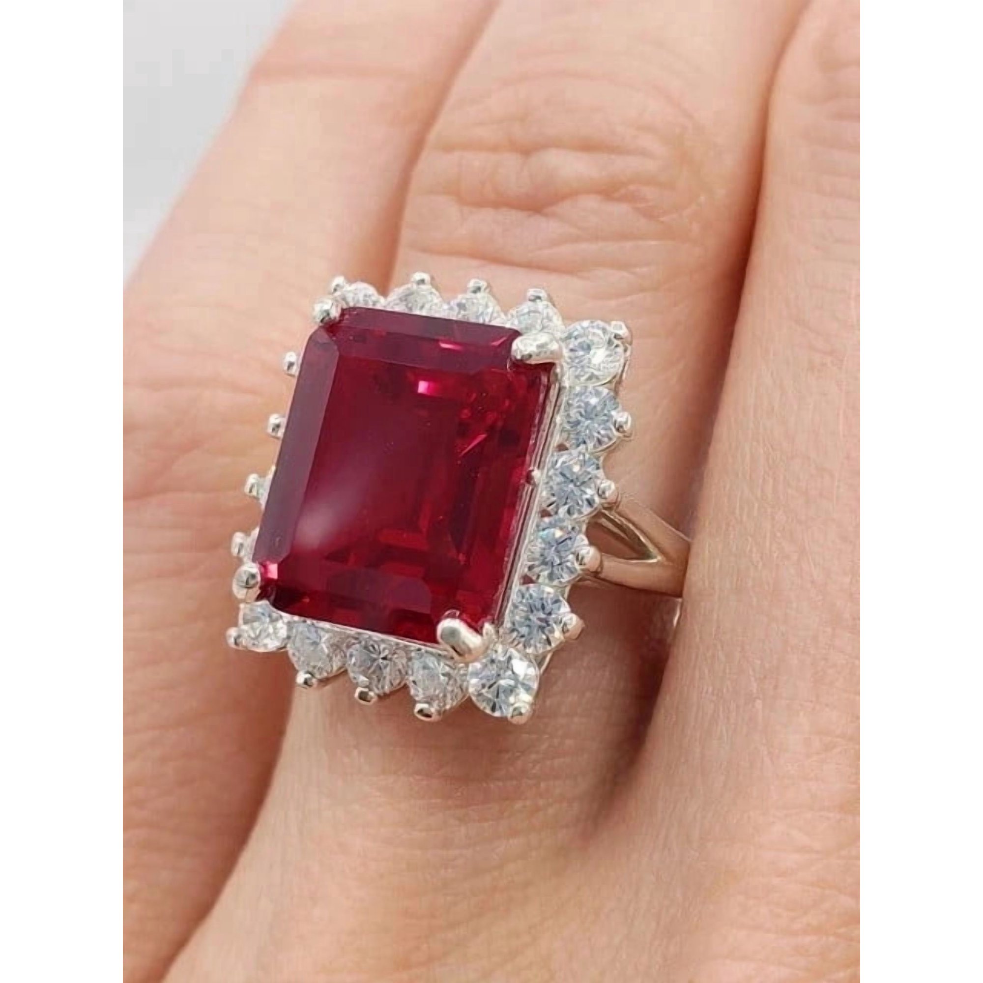 5.00Ct Emerald Cut Lab Created Red Ruby Engagement Ring 14K White Gold Plated