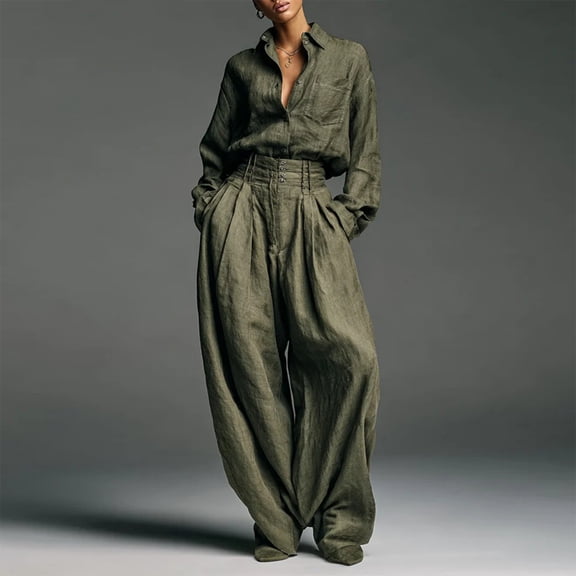 Morttic Women‘s Casual Solid Color Two-Piece Outfit – Long Sleeve Lapel Chest Pocket Shirt and Wide Leg Pants Army Green,S