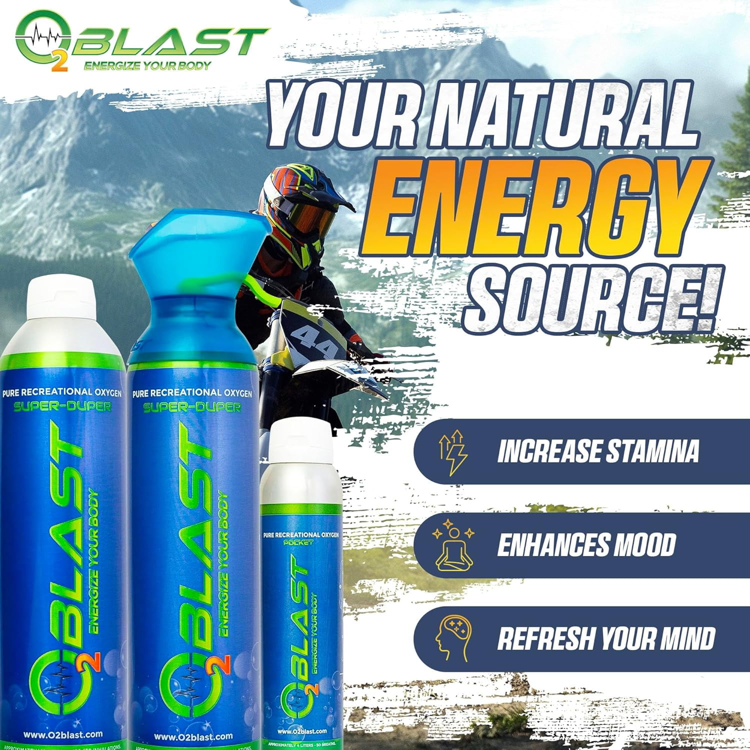 O2 Blast“ Pure Oxygen for Energy, Recovery & Performance - 10-Liter and 4-Liter Can with Sanitary Flip Top Cap, 10-Liter Can with Custom Breathing Mask, Pack of 3