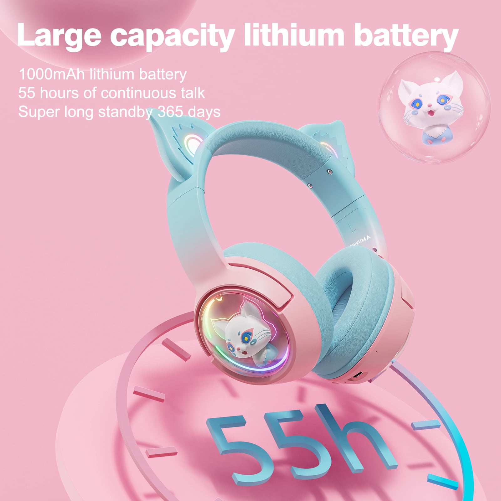 Cat Ear Wireless Bluetooth Headphones for PS5/PS4/PC/Mac/Switch,Over Ear Cute Gaming Headset with Noise Canceling Mic,Surround Sound