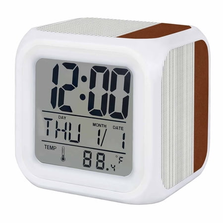 Boho Brown Leather Texture Digital Alarm Clock for Bedrooms, Smart LED Alarm Clock with 7 Color Changing Night Light, Modern Black Striped Silent Wake Up Clocks for Sleep Study Cooking 3.2x3.2
