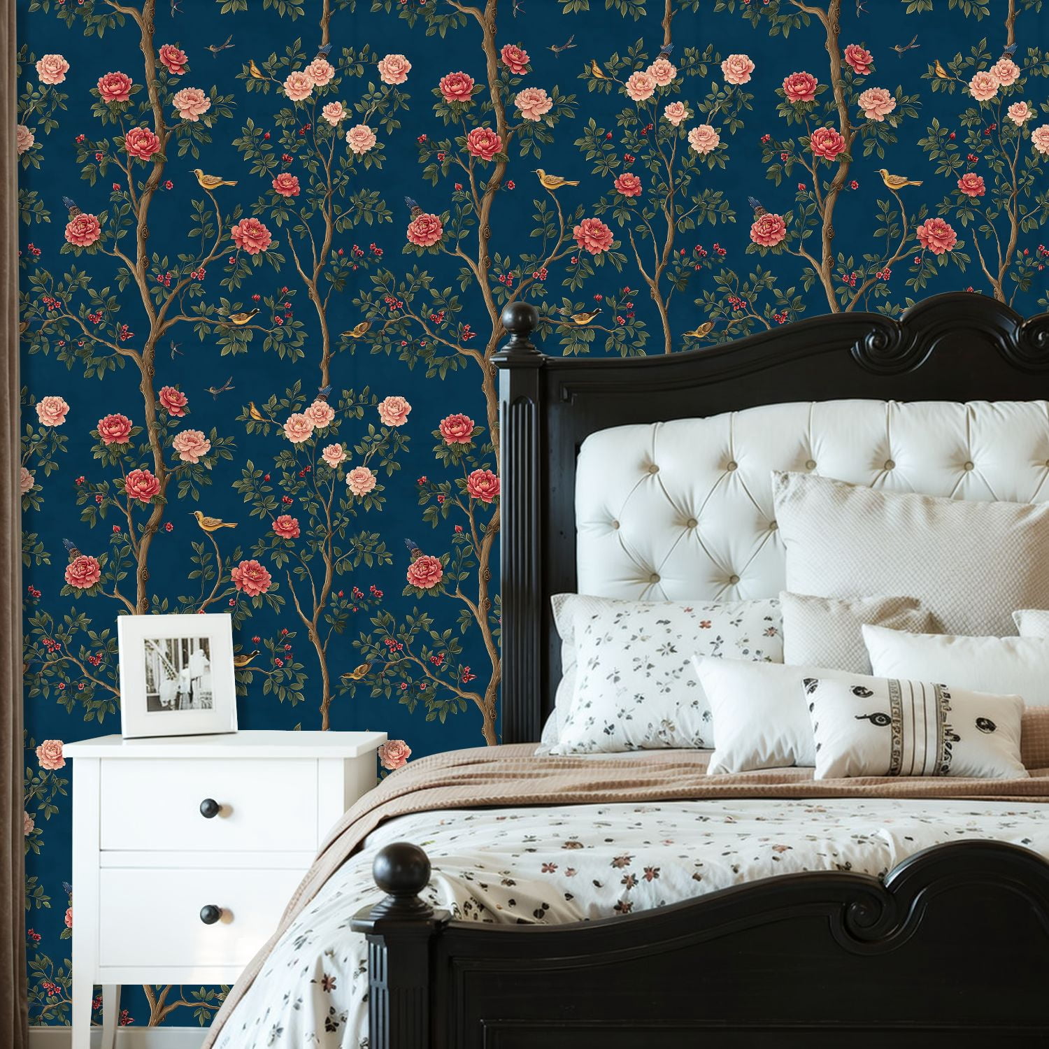 Peel and Stick Wallpaper Vintage Floral Birds Peony Flowers Deep Blue Wall Mural 23.6in x 9.8ft Self Adhesive Removable Wall Paper Renter Friendly Wallpaper for Nursery Bedroom Cabinets