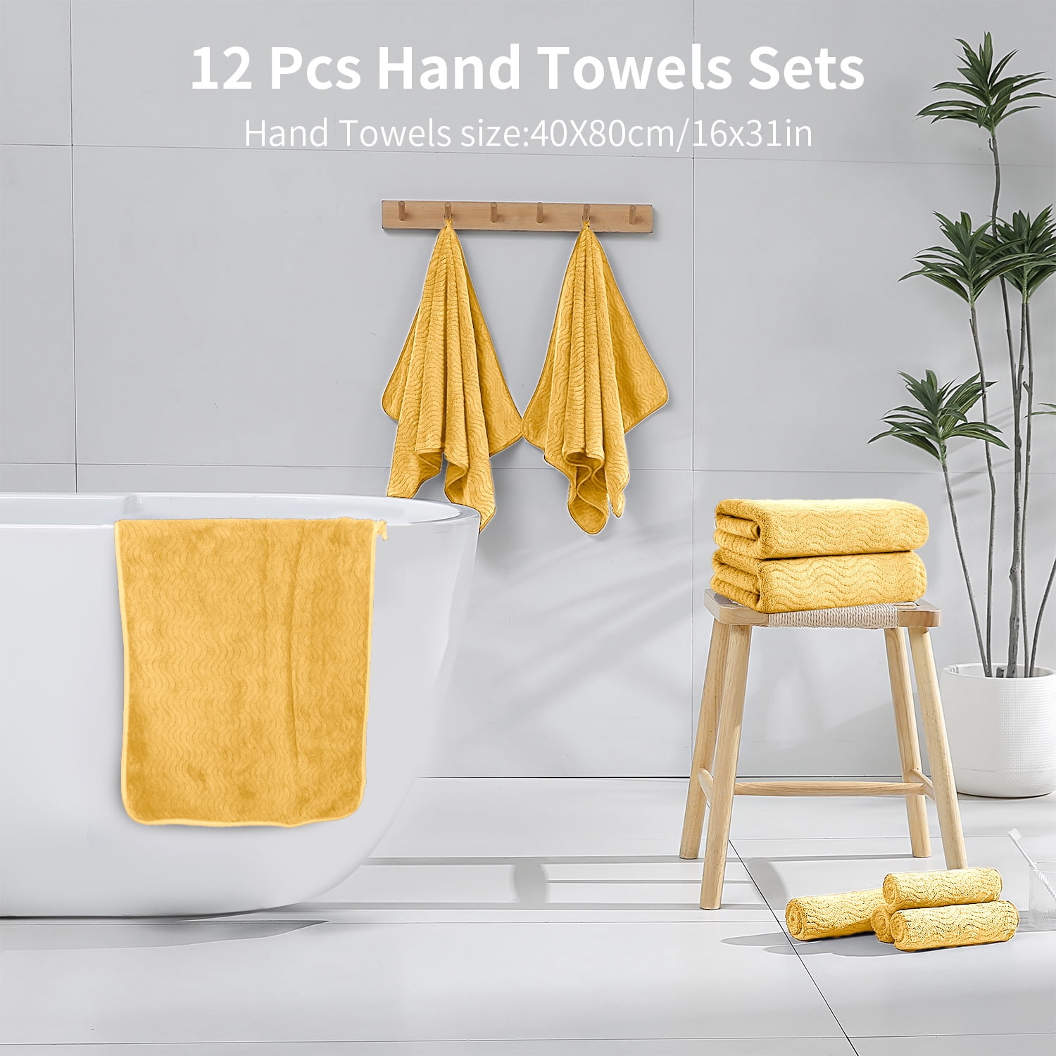 Jessy Home 12 Pack Dark Yellow Hand Towel Set 16"x31" Soft Highly Absorbent Quick Dry Bathroom Towels 600 GSM Microfiber Plush Towels