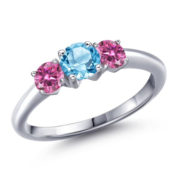 Gem Stone King 925 Sterling Silver Swiss Blue Topaz and Pink Moissanite Engagement Ring for Women | 1.11 Cttw | Round 5MM | Gemstone November Birthstone | Size 7