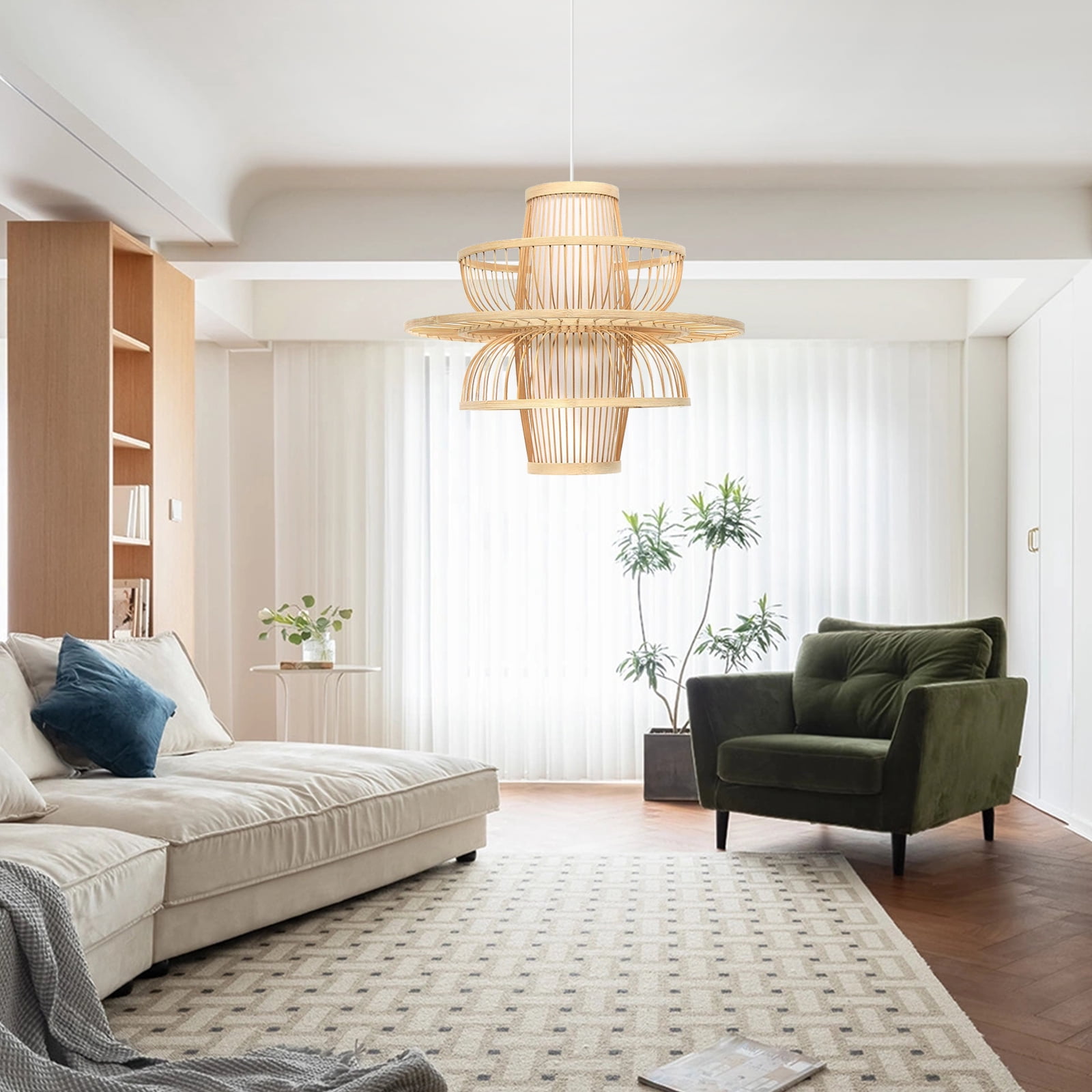 Arturesthome Vintage Bamboo Wicker Rattan Chandelier Lantern Pendant Light Hanging Ceiling Lamp Fixture