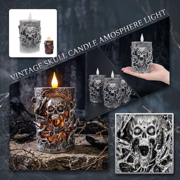 Gothic Halloween Decor Spooky Skeleton Flameless Candle Vintage Resin Indoor Halloween Table Decor for Home Party 4.5 X 2.75 X 5 in 1 Piece