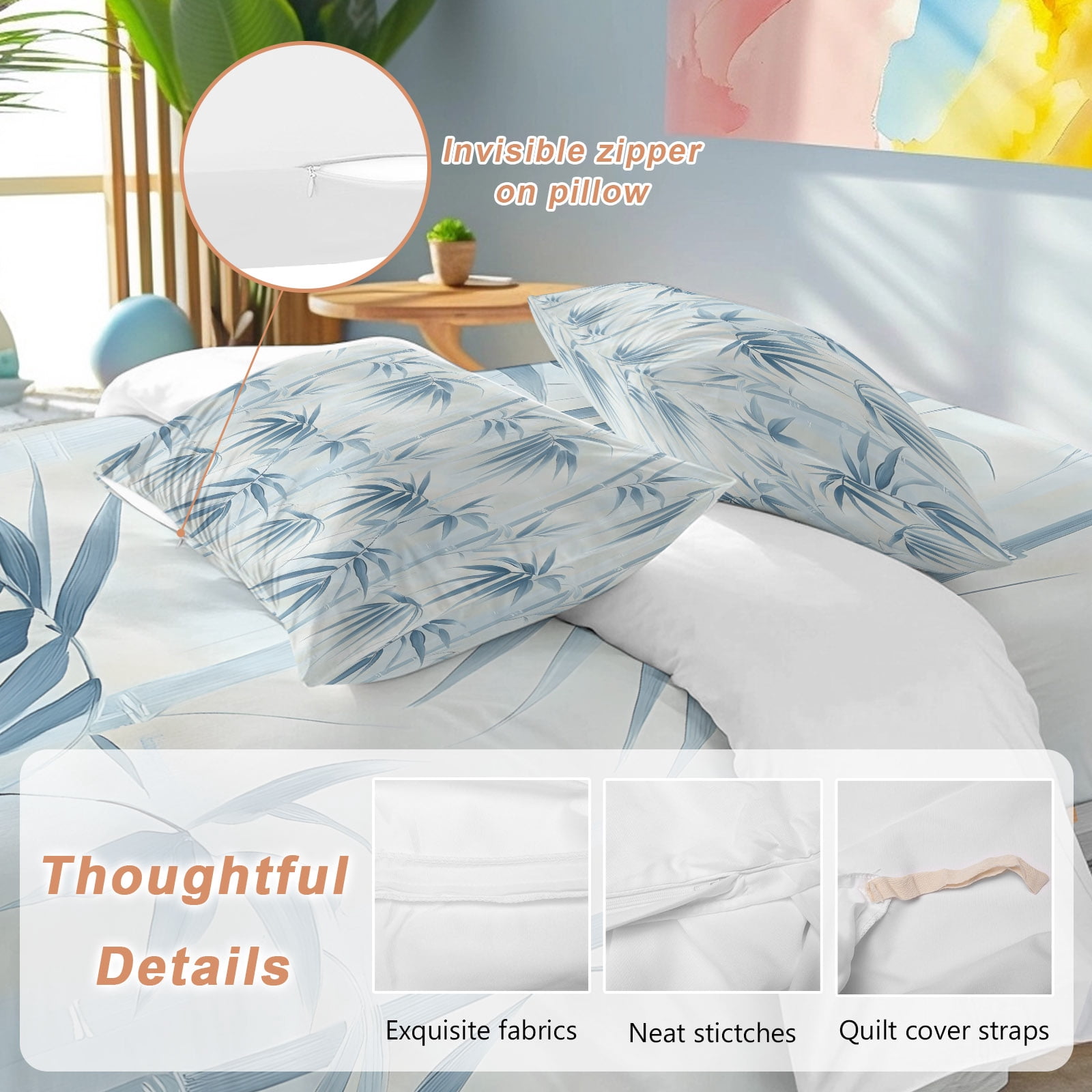 Bamboos Leaf Queen Duvet Cover Set, Blue Leaves Abstract Watercolor Art 4 Piece Microfiber Bedding Set with Zipper Closure, Bed Sheet and 2 Pillow Shams, Soft Bedding Cover