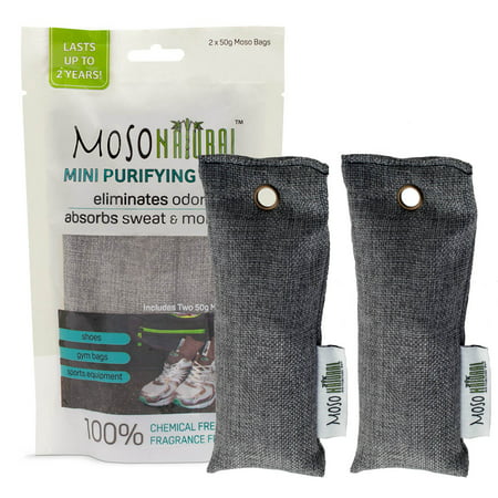 MOSO NATURAL Mini Air Purifying Bag - 2 Pack. Bamboo Charcoal Air Freshener, Deodorizer, Odor Eliminator, Odor Absorber For Shoes, Gym Bags and Sports Gear. Charcoal