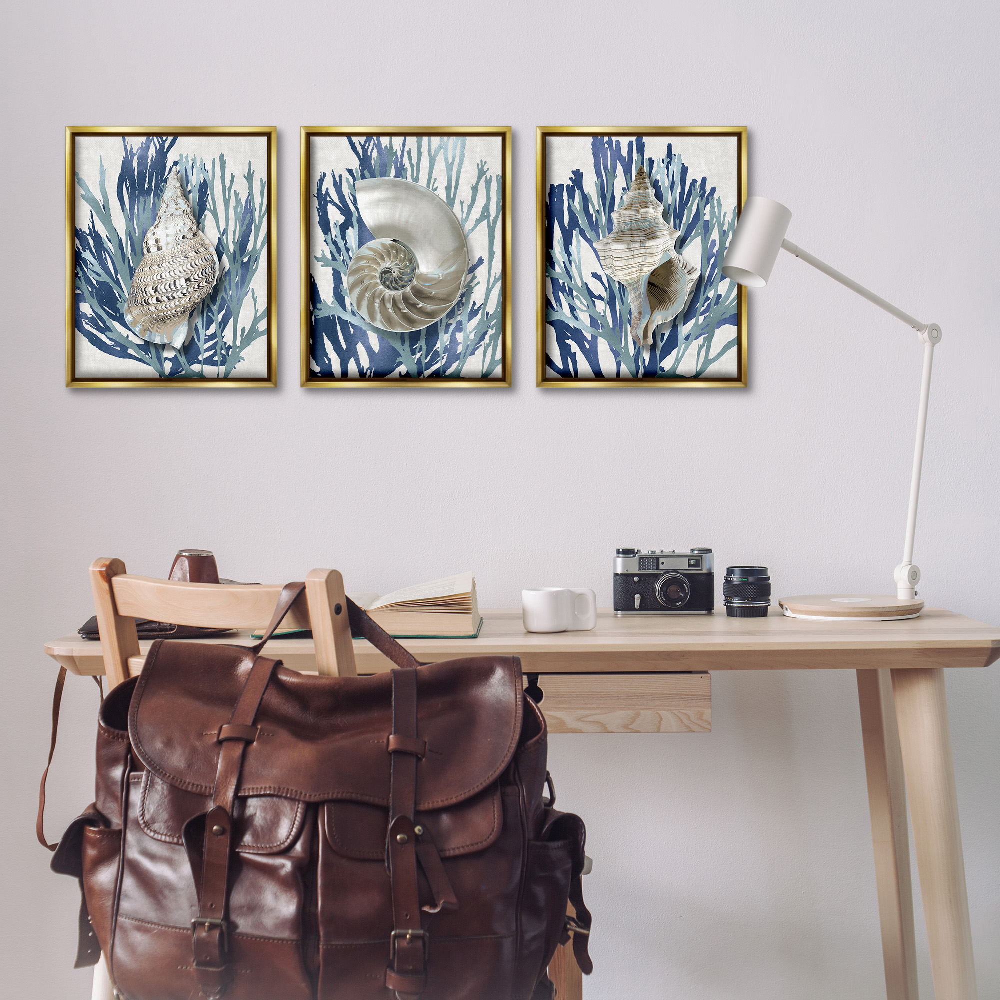 Stupell Industries Trio of Shells & Coral Nature Painting Gold Floater Framed Canvas Art Print Wall Art, 17 x 21, Set of 3