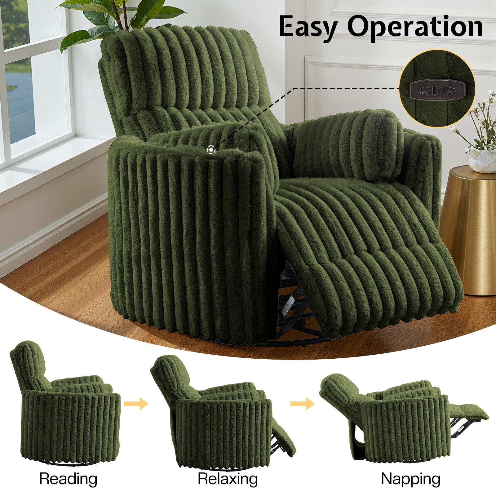 Merluxy Power Recliner Nursery Chair for Adults, Electric Swivel Rocking Glider with USB & Type-C for Living Room, Bedroom, Green